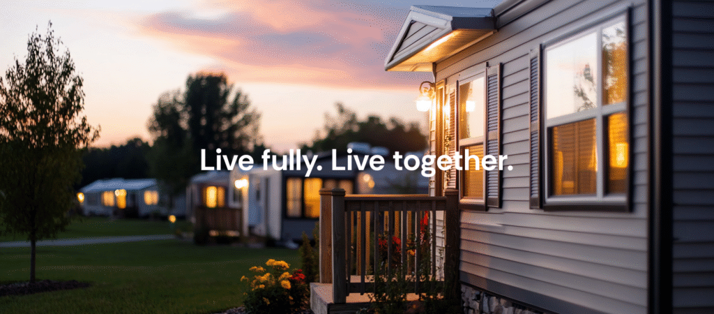 White text over image of homes. Text "Live fully. Live Together."